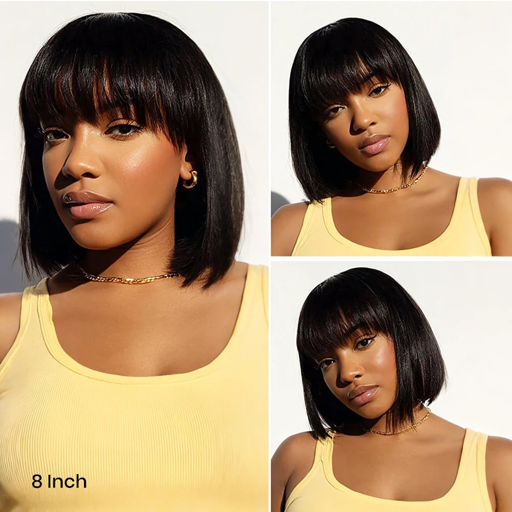 Short Bob Wig with Bangs Straight Human Hair Bob with Bangs Wig 100% Human Hair 180% Density Straight Bang Bob Wig For Women