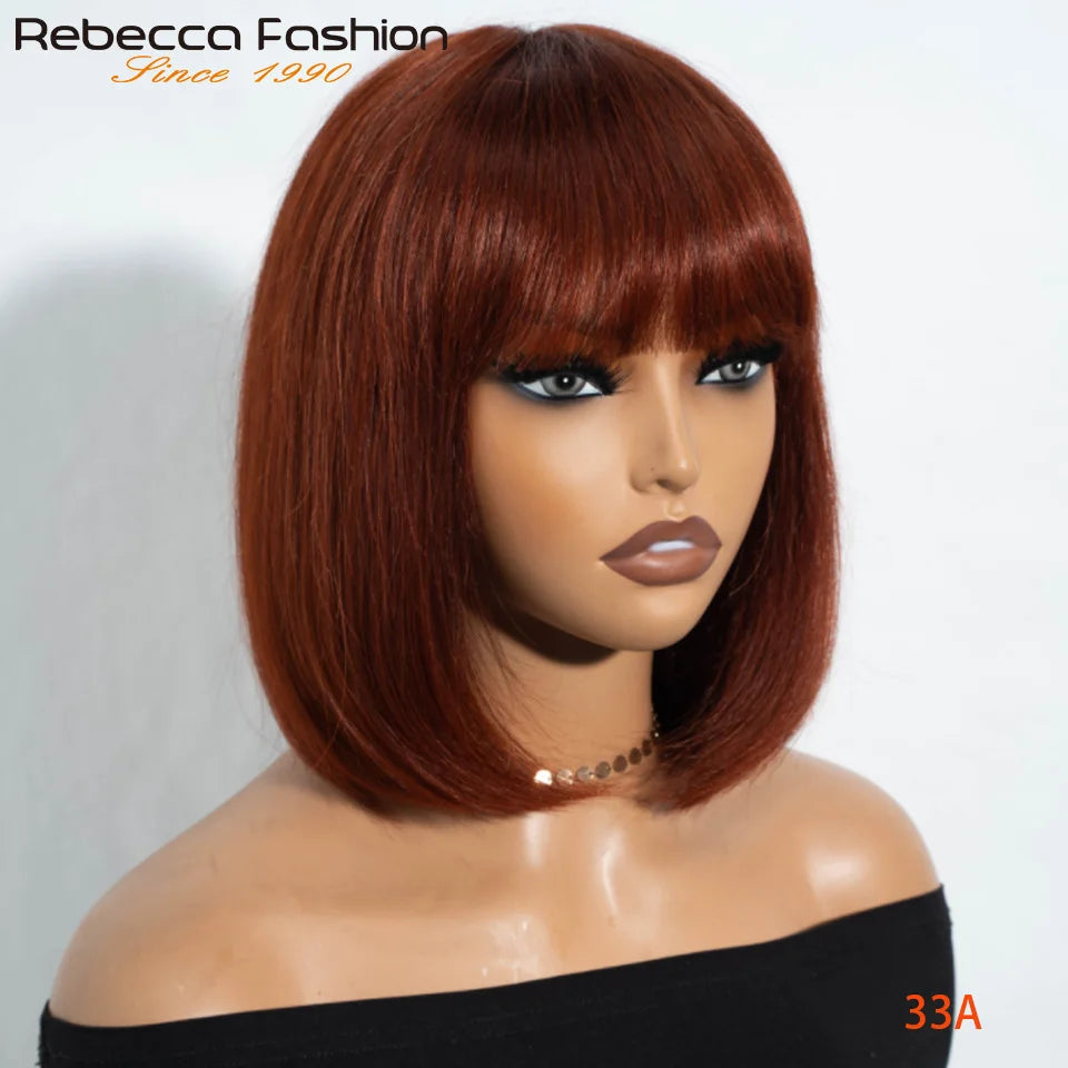 Reddish Brown Straight Bob Wigs Glueless Human Hair Wigs With Bangs Middle Part Bob Lace Wigs Realistic Scalp Beginner Friendly