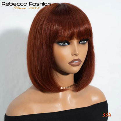Reddish Brown Straight Bob Wigs Glueless Human Hair Wigs With Bangs Middle Part Bob Lace Wigs Realistic Scalp Beginner Friendly