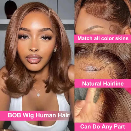 13X4 Chocolate Brown Straight Bob Wig 4X4 Silky Straight HD Lace Frontal Wig Natural Hairline Pre Plucked Human Hair 100% 16Inch