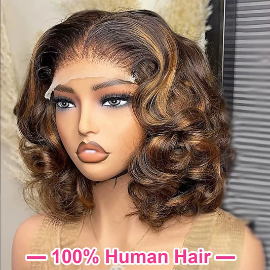 Body Wave 4/27 Color Short Bob Wig Ombre Highlight 13x4 Lace Frontal Wigs Brown Honey Blonde 100% Raw Human Hair Preplucked Bob