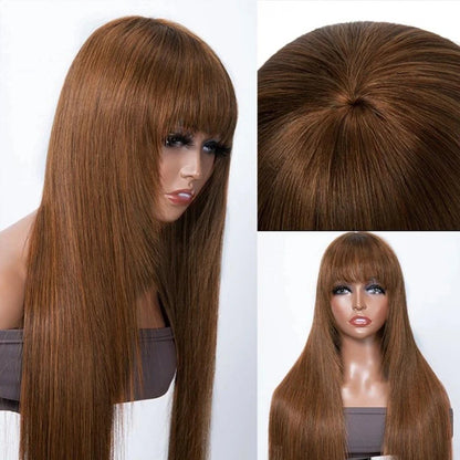 Reddish Brown Bangs Wigs Human Hair Wig Easy Brown Straight Human Hair Wigs with Bangs Affordable Layer Cut Straight Hair Wigs