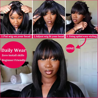 Reddish Brown Straight Bob Wigs Glueless Human Hair Wigs With Bangs Middle Part Bob Lace Wigs Realistic Scalp Beginner Friendly