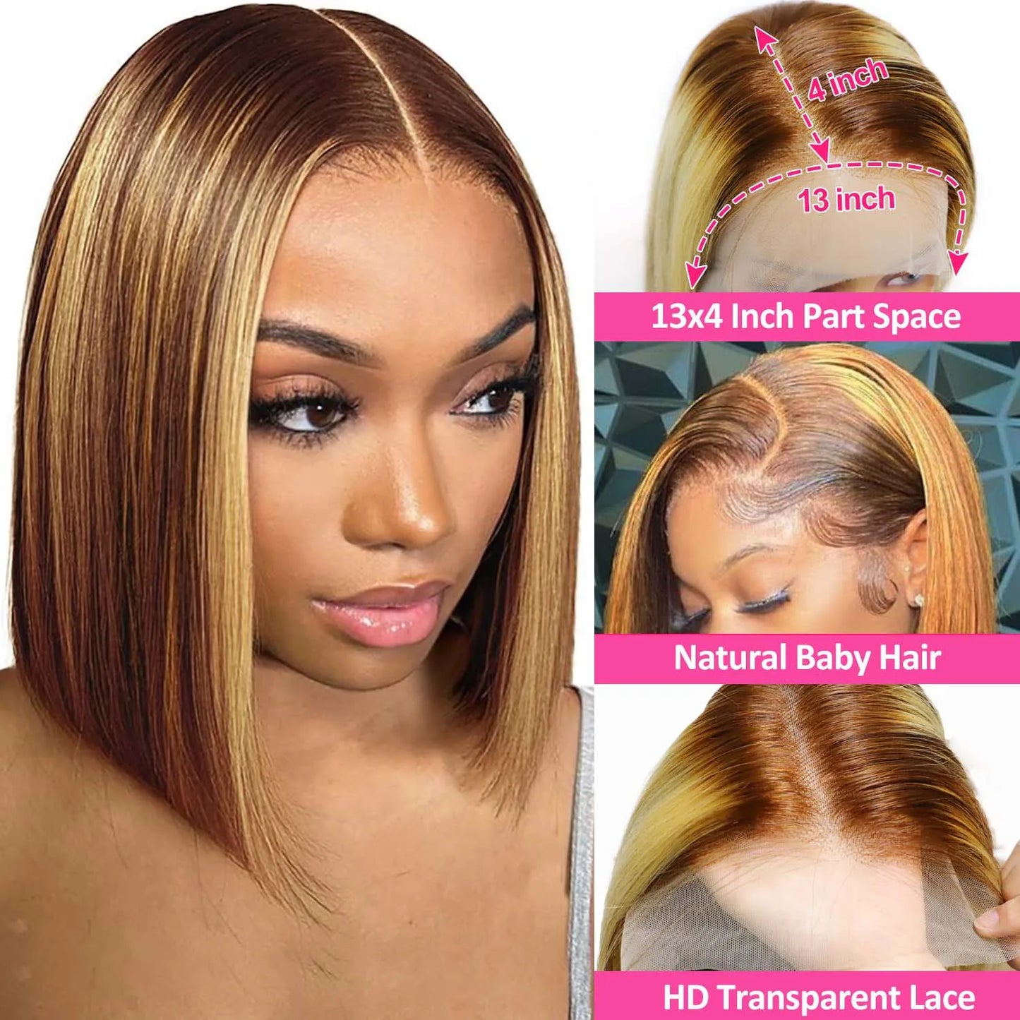 13x4 Transparent Lace Front Bob Wig Human Hair Ombre Honey Blonde 13x4 Wigs 10-16inch  4/27 Colored Transparent Frontal Lace Wig
