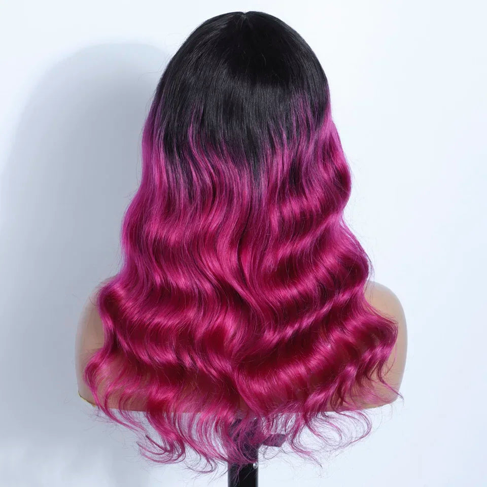 22" T1B/Pink Body Wave Human Hair Wigs With Bangs Fringe 180D Brazilian Hair Full Machine Made Women Wigs