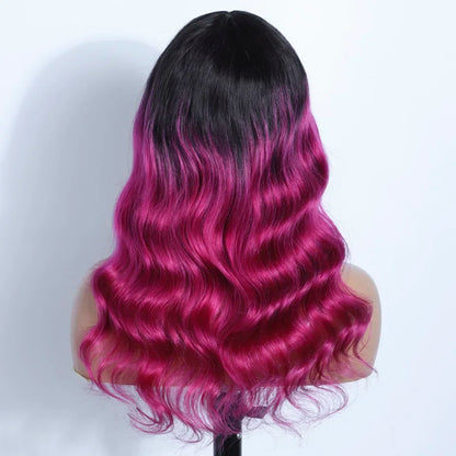 22" T1B/Pink Body Wave Human Hair Wigs With Bangs Fringe 180D Brazilian Hair Full Machine Made Women Wigs