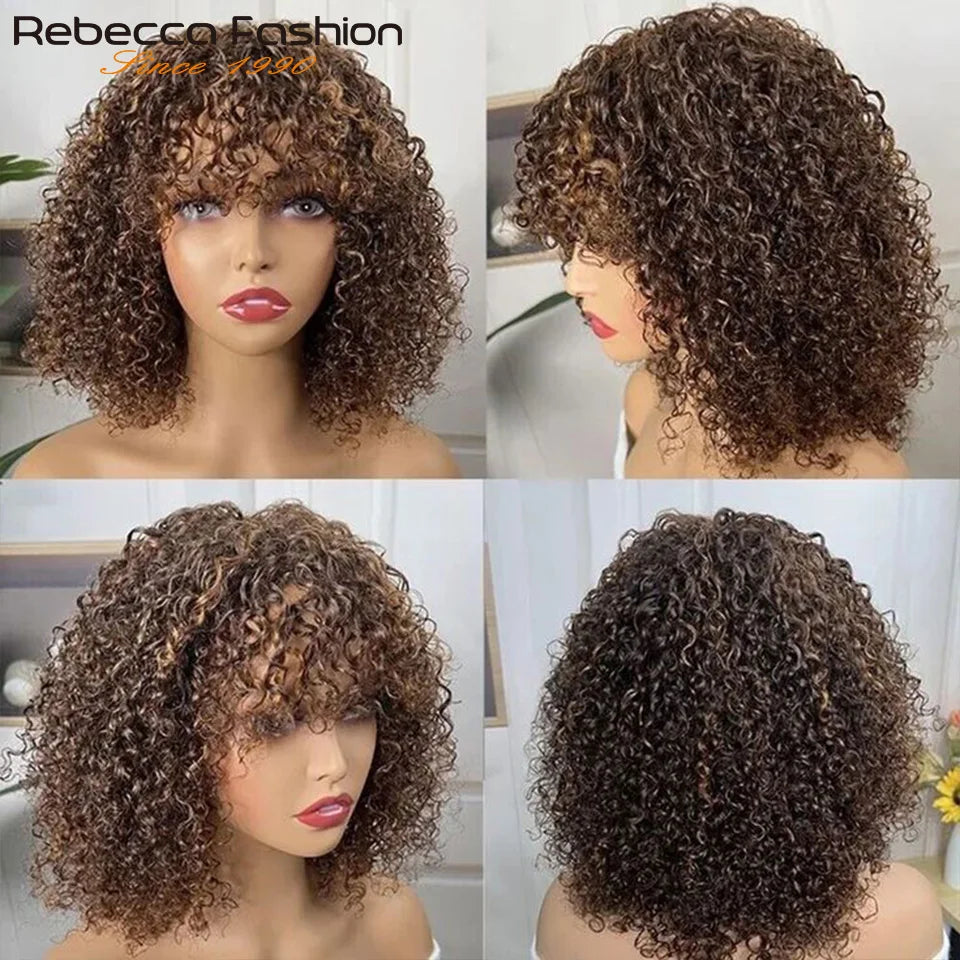Short Pixie Bob Cut Human Hair Wigs With Bangs Jerry Curly Full Machine Wig Highlight Honey Blonde Colored Wigs For Women