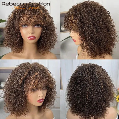 Short Pixie Bob Cut Human Hair Wigs With Bangs Jerry Curly Full Machine Wig Highlight Honey Blonde Colored Wigs For Women