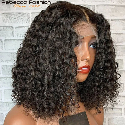 4C Human Hair Deep Wave Short Bob Wig 10-16 Inch Deep Water Wave Lace Front Bob Wigs 100% Human Hair 13x5x1 Middle Part Bob Wigs