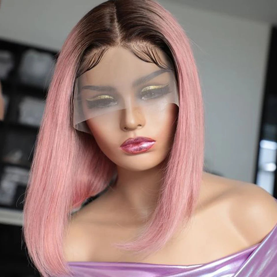 Ombre Pink Short Bob Wig Straight Lace Front Human Hair Wigs For Women Short Bob Transparent Wear To Go Peruvian Human Lace Wig