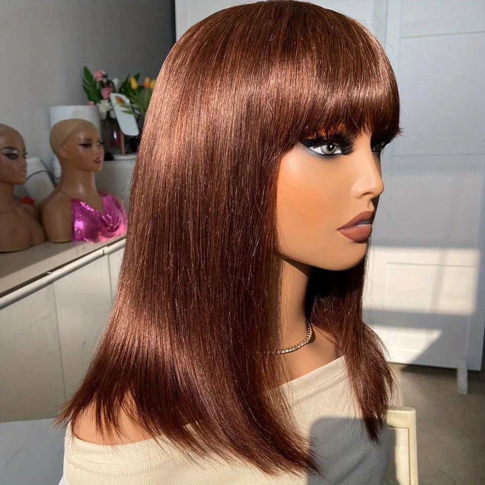 Reddish Brown Straight Bob Wigs Glueless Human Hair Wigs With Bangs Middle Part Bob Lace Wigs Realistic Scalp Beginner Friendly