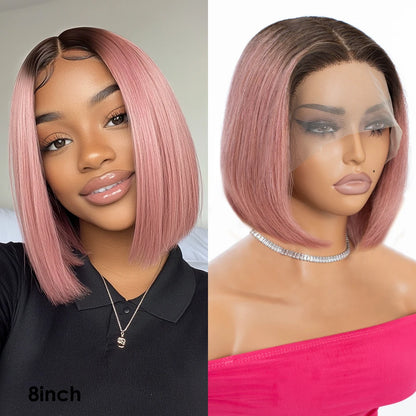 Rebecca Ombre Pink Transparent Short T Lace Bob Human Hair Wigs Peruvian Straight 13x5x1 Lace Front Wig For Women Pre Plucked