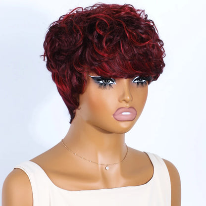 Rebecca Brown P1B/30 Short Pixie Cut Curly 100% Human Hair Wig For Women Brazilian Remy Hair Colored Side Part Full Machine Wigs