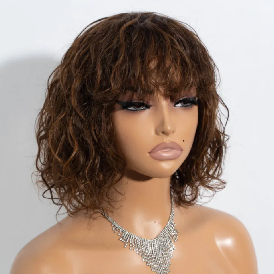 Highlight P4/30 Short Curly Human Hair Wig Cute Bob Wig Wear and Go Glueless Wigs Brazilian Remy Hair Water Wave Natural Looking