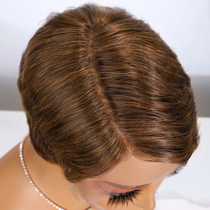 RitzWigs Pixie Cut Lace Wig Natural Straight Hair 150% Density 13x1 Lace Brazilian Human Hair Wig with Ombre Brown Side Part Wig