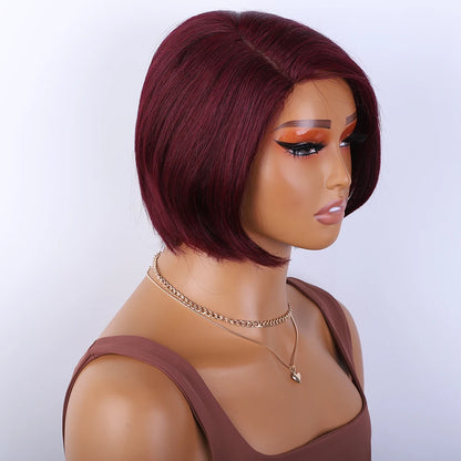 99J Burgendy Short Bob Side Part Straight Bob Human Hair Wig Straight Short Bob Wig Straight Human Hair Wig Wear And Go Glueless