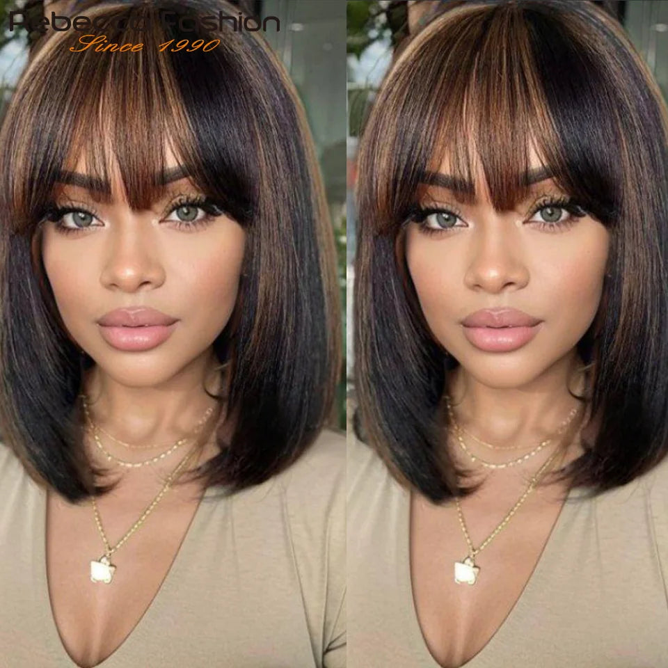 3X1 Middle Part Lace Wig Bob Wigs Bone Straight Human Hair Wigs With Bangs Short Bob Human Hair Wigs