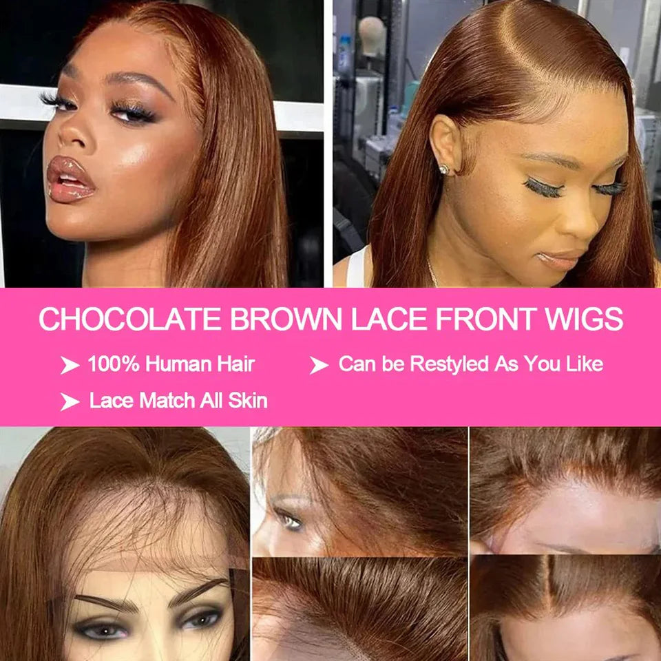 13X4 Chocolate Brown Straight Bob Wig 4X4 Silky Straight HD Lace Frontal Wig Natural Hairline Pre Plucked Human Hair 100% 16Inch