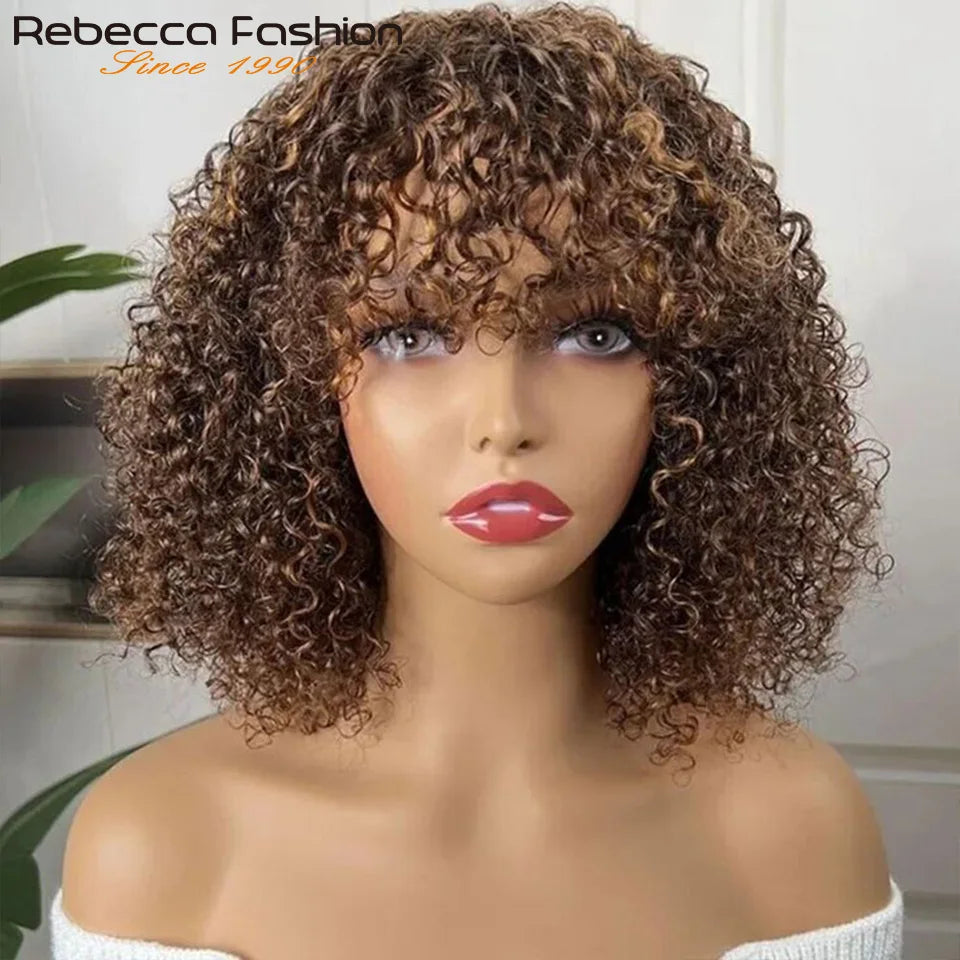 Short Pixie Bob Cut Human Hair Wigs With Bangs Jerry Curly Full Machine Wig Highlight Honey Blonde Colored Wigs For Women