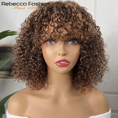 Short Pixie Bob Cut Human Hair Wigs With Bangs Jerry Curly Full Machine Wig Highlight Honey Blonde Colored Wigs For Women