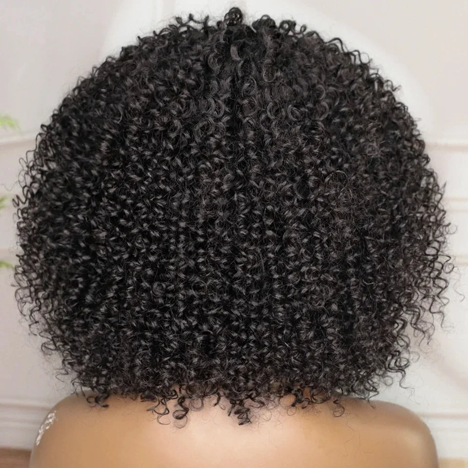Short Curly Wig With Bangs Put On And Go Human Hair Afro Kinky Curly Wig Glueless Full Machine Made Wig 250 Density Remy Hair