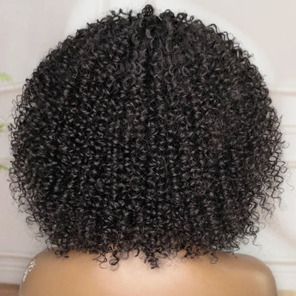 Short Curly Wig With Bangs Put On And Go Human Hair Afro Kinky Curly Wig Glueless Full Machine Made Wig 250 Density Remy Hair