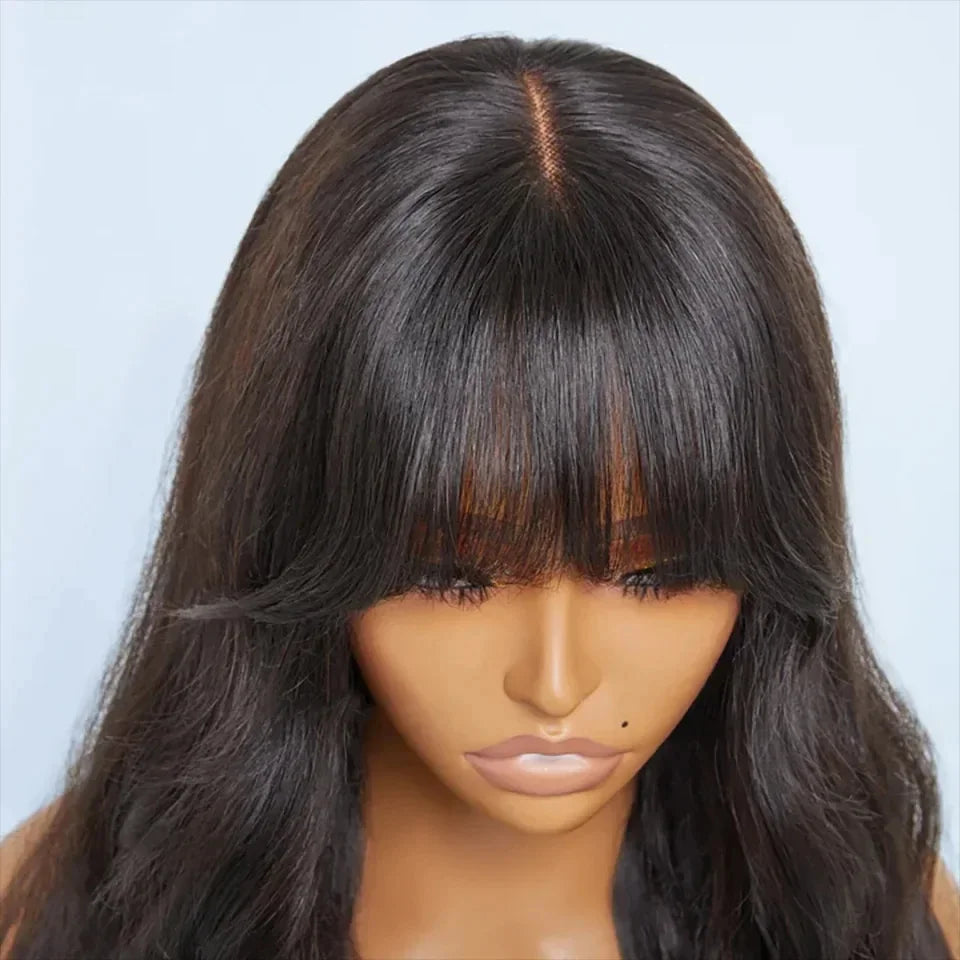 180D 18-24inch Body Wave Human Hair Wigs With Bangs Middle Part Lace Wig For Women Remy Body Wave Wig With Bangs Natural Color