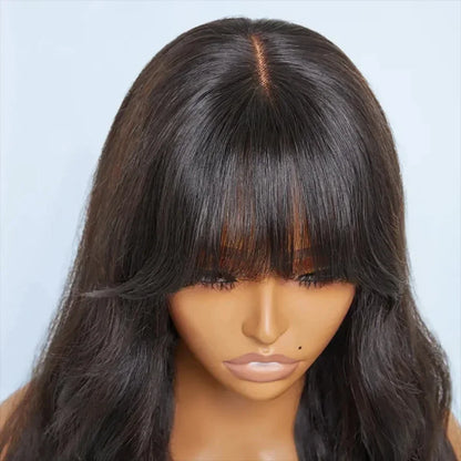 180D 18-24inch Body Wave Human Hair Wigs With Bangs Middle Part Lace Wig For Women Remy Body Wave Wig With Bangs Natural Color