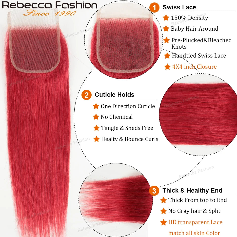 Rebecca Red Straight Blonde Bundles With Closure Brazilian Straight Human Hair Red 3 Bundles With Closure Remy Hair Extensions