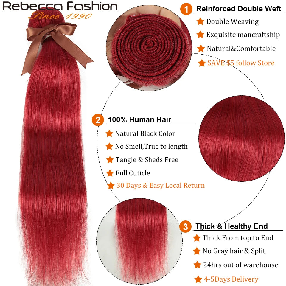 Rebecca Red Straight Blonde Bundles With Closure Brazilian Straight Human Hair Red 3 Bundles With Closure Remy Hair Extensions