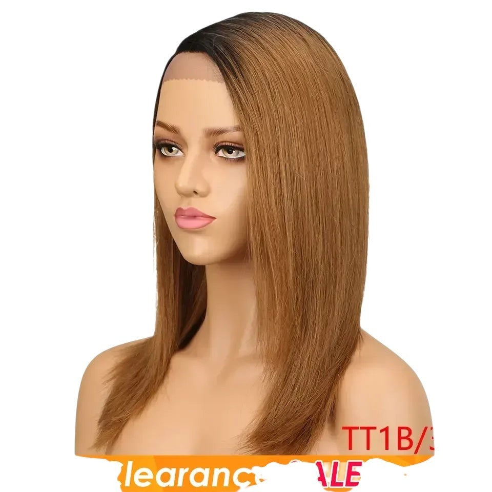 RitzWigs 16 inch straight ombre brown human hair lace wig with dark roots on a mannequin head