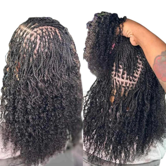 RitzWigs afro kinky bulk human hair extensions styled in natural-looking micro braids and twists with curly ends.