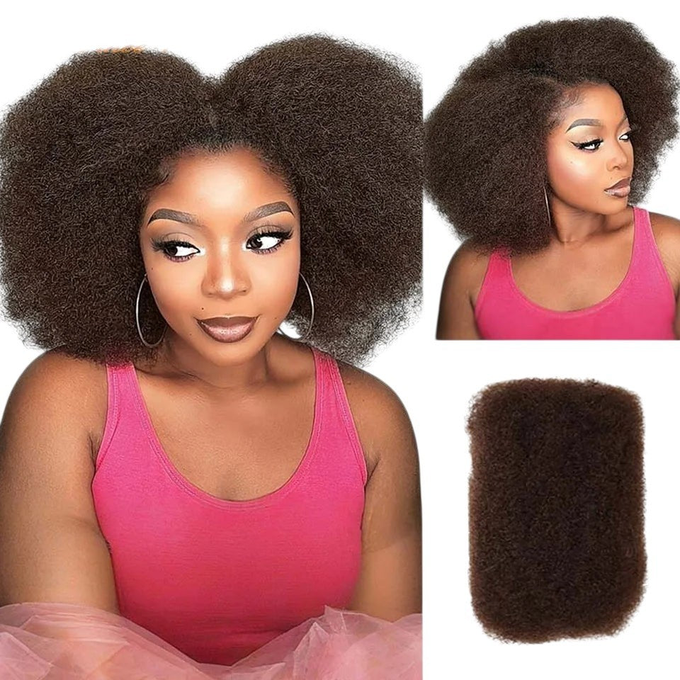 RitzWigs afro kinky bulk human hair in brown, shown as a voluminous curly hairstyle on a model and as a hair bundle.
