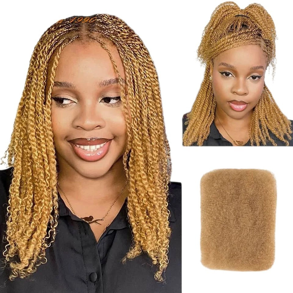 RitzWigs afro kinky bulk human hair in a light brown highlight shade, styled as textured twists on a model.