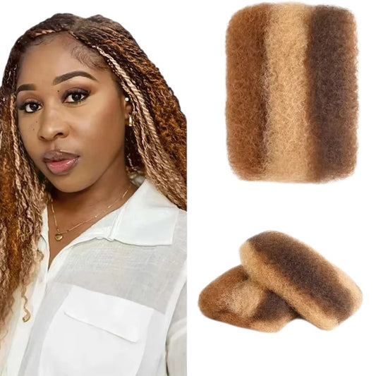 RitzWigs afro kinky bulk human hair in P4/30/27 highlight colour, shown on a model and as separate hair bundles.