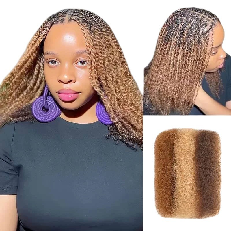 RitzWigs afro kinky bulk human hair in a highlighted brown ombre shade, styled as mini twists on a woman.