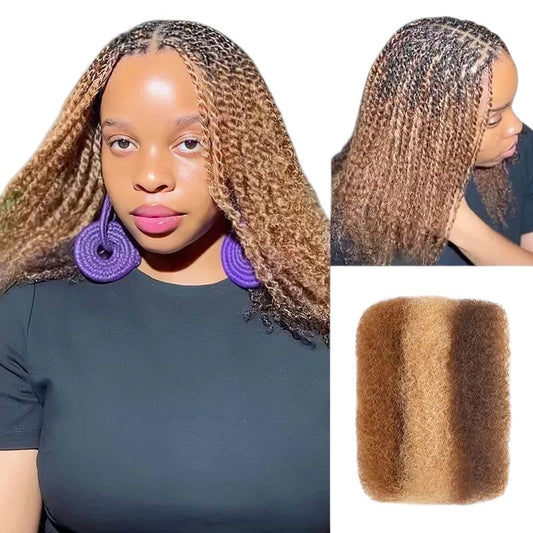 RitzWigs afro kinky bulk human hair in a highlighted brown ombre shade, styled as mini twists on a woman.