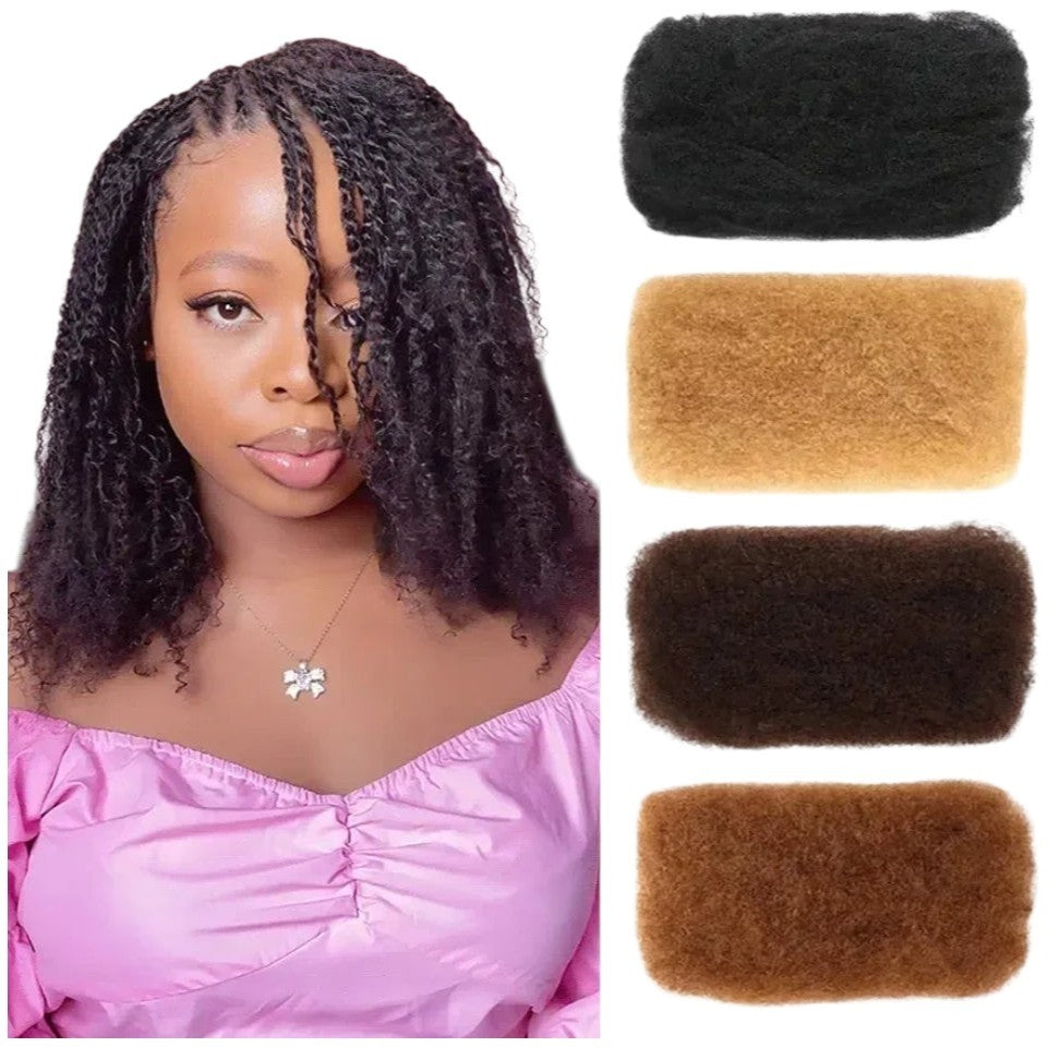 RitzWigs afro kinky bulk human hair extensions for braiding, shown on a model and in four natural colour variations