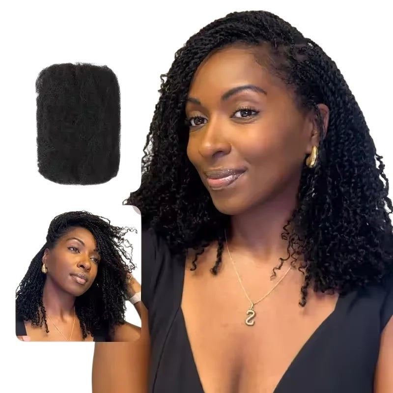RitzWigs Brazilian afro kinky bulk human hair extensions with a natural curly texture on a model