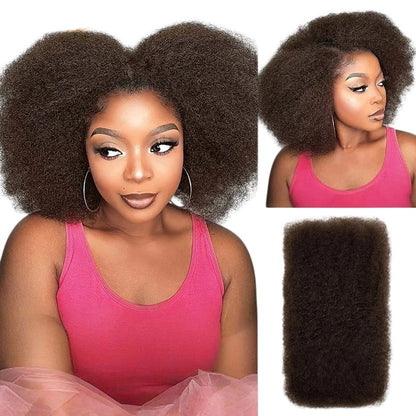 RitzWigs afro kinky bulk human hair extensions in a natural dark brown texture, worn by a model in a voluminous style.