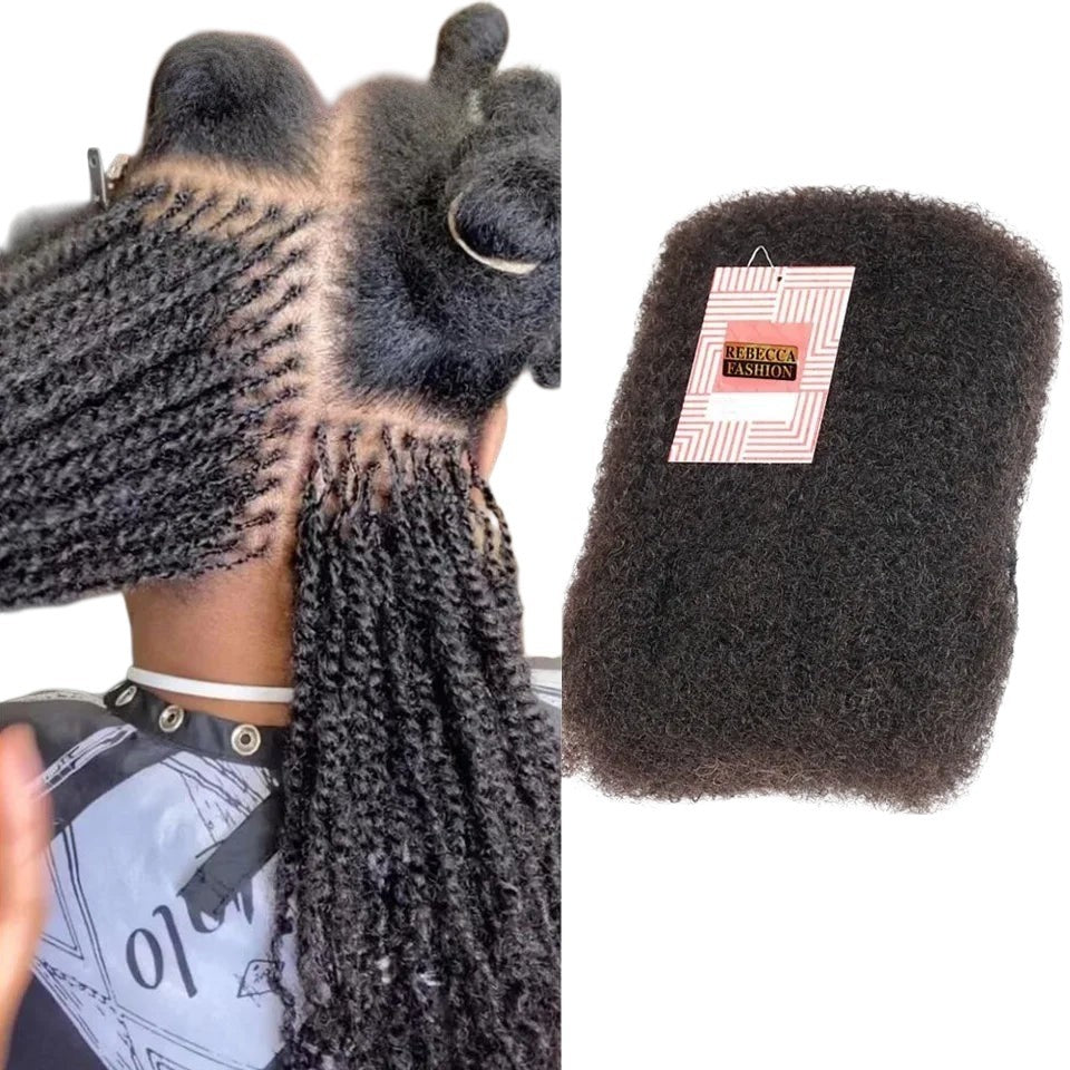 RitzWigs natural brown afro kinky bulk human hair extensions for braiding and dreadlocks, shown on a client.