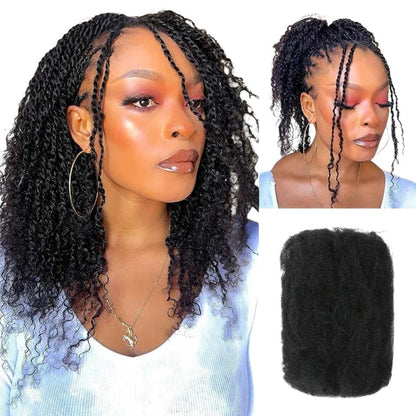RitzWigs afro kinky bulk human hair extensions for dreadlocks and twists, shown on a model with styled curly hair.