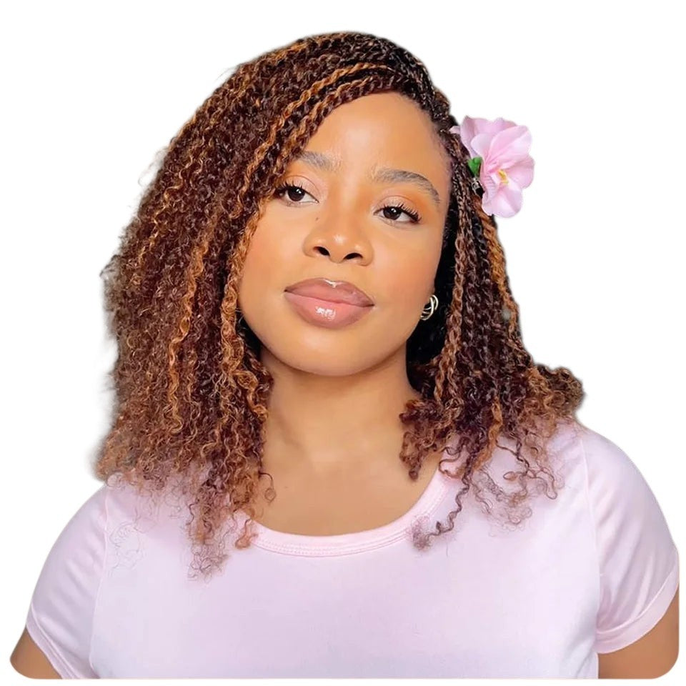 RitzWigs Brazilian afro kinky bulk human hair styled in textured twists on a model wearing a light pink shirt