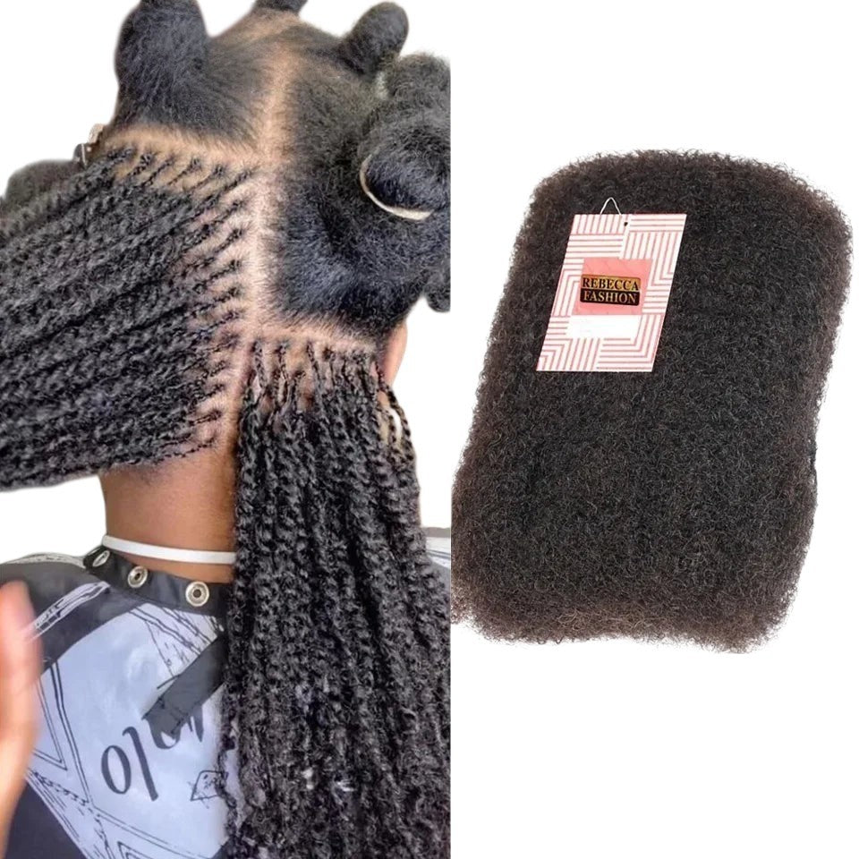 RitzWigs natural brown afro kinky bulk human hair extensions being used for intricate micro braiding on a client