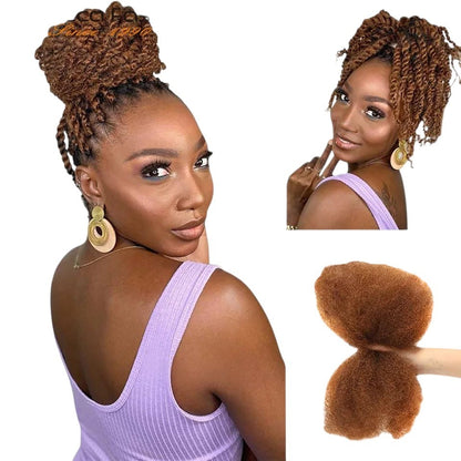 RitzWigs afro kinky bulk human hair extensions styled in a high bun and twists on a model with natural texture