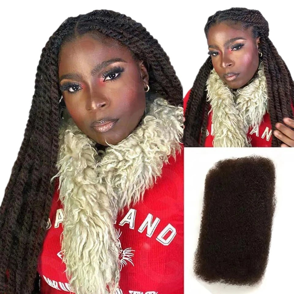 RitzWigs Brazilian afro kinky bulk human hair extensions in a natural brown texture, worn by a model in braids.