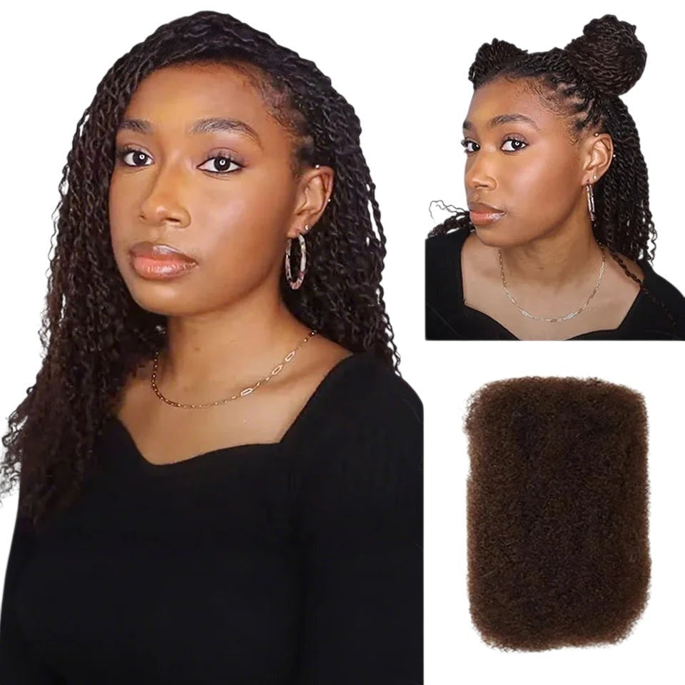 RitzWigs afro kinky bulk human hair extensions in natural brown, shown on a model with braided and twisted hairstyles.