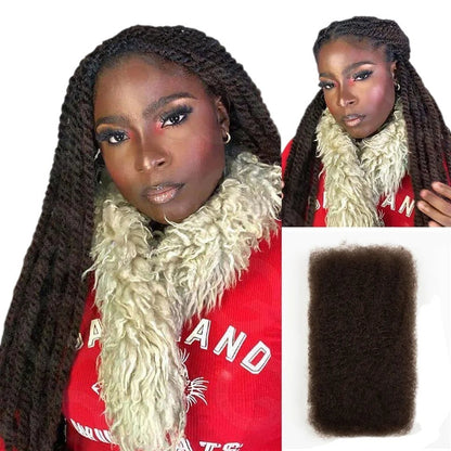 RitzWigs afro kinky bulk human hair extensions for dreadlocks and twists, shown on a model and as a loose hair bundle.
