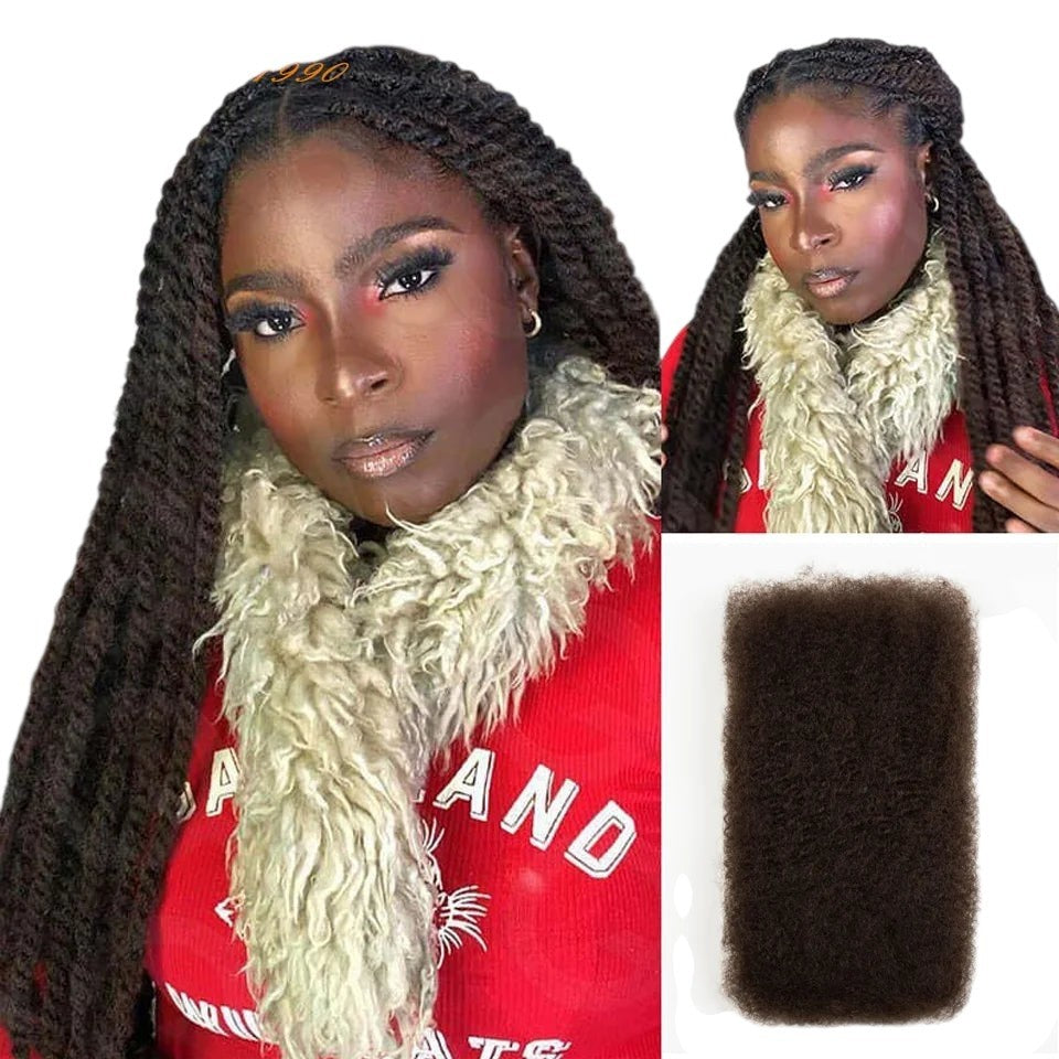 RitzWigs afro kinky bulk human hair extensions in a natural dark brown, styled as mini twists on a model.