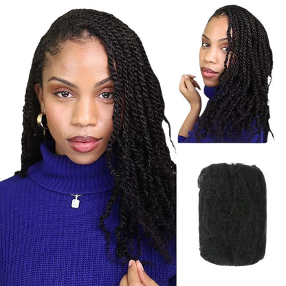 RitzWigs afro kinky bulk human hair extensions styled in twists on a model with a natural dark brown texture